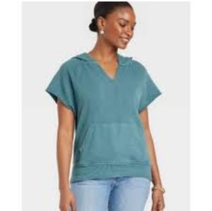 🆕Universal Thread Distressed Capped Short Sleeve Hoodie Blue Women Size Medium